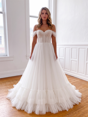 Off The Shoulder Ruched Tulle Wedding Dress Sweetheart Back Big Bow Tiered Ruffle A Line Bridal Gown