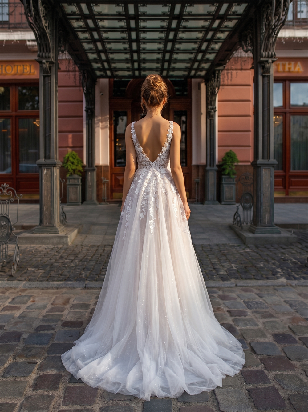 Spaghetti Strap Deep V 3D Floral Lace Slit Glitter Tulle A Line Wedding Dress Low V Back Bridal Gown