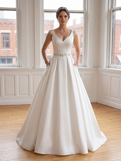 Lace Cap Sleeve Satin Wedding Dress With Crystal Waist Sash Pockets Lace Back Ball Gown