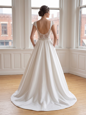 Lace Cap Sleeve Satin Wedding Dress With Crystal Waist Sash Pockets Lace Back Ball Gown