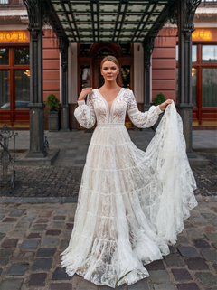 Long Puff Sleeve Deep V Tiered Floral Lace Tulle A Line Wedding Dress Low Open Back Scalloped Lace Train Boho Bridal Gown