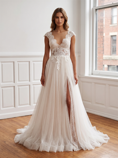 Cap Sleeve Illusion Neck Lace Dot Tulle Wedding Dress Deep V Back Pearl Buttons High Side Slit A Line Bridal Gown
