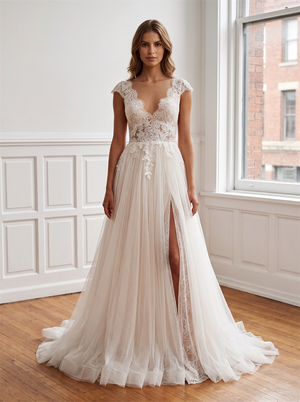 Cap Sleeve Illusion Neck Lace Dot Tulle Wedding Dress Deep V Back Pearl Buttons High Side Slit A Line Bridal Gown