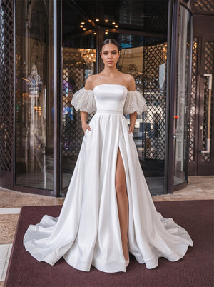 Strapless Polka Dot Puff Sleeve Lace Up Back High Slit Satin A Line Wedding Dress Bridal Dress