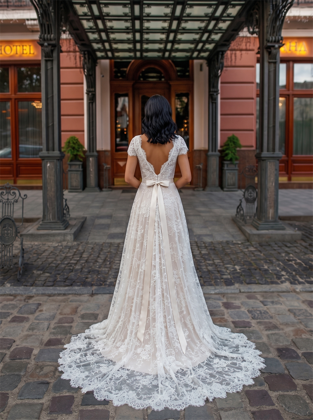 Long Puff Sleeve Deep V Tiered Floral Lace Tulle A Line Wedding Dress Low Open Back Scalloped Lace Train Boho Bridal Gown