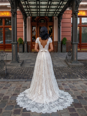 Long Puff Sleeve Deep V Tiered Floral Lace Tulle A Line Wedding Dress Low Open Back Scalloped Lace Train Boho Bridal Gown