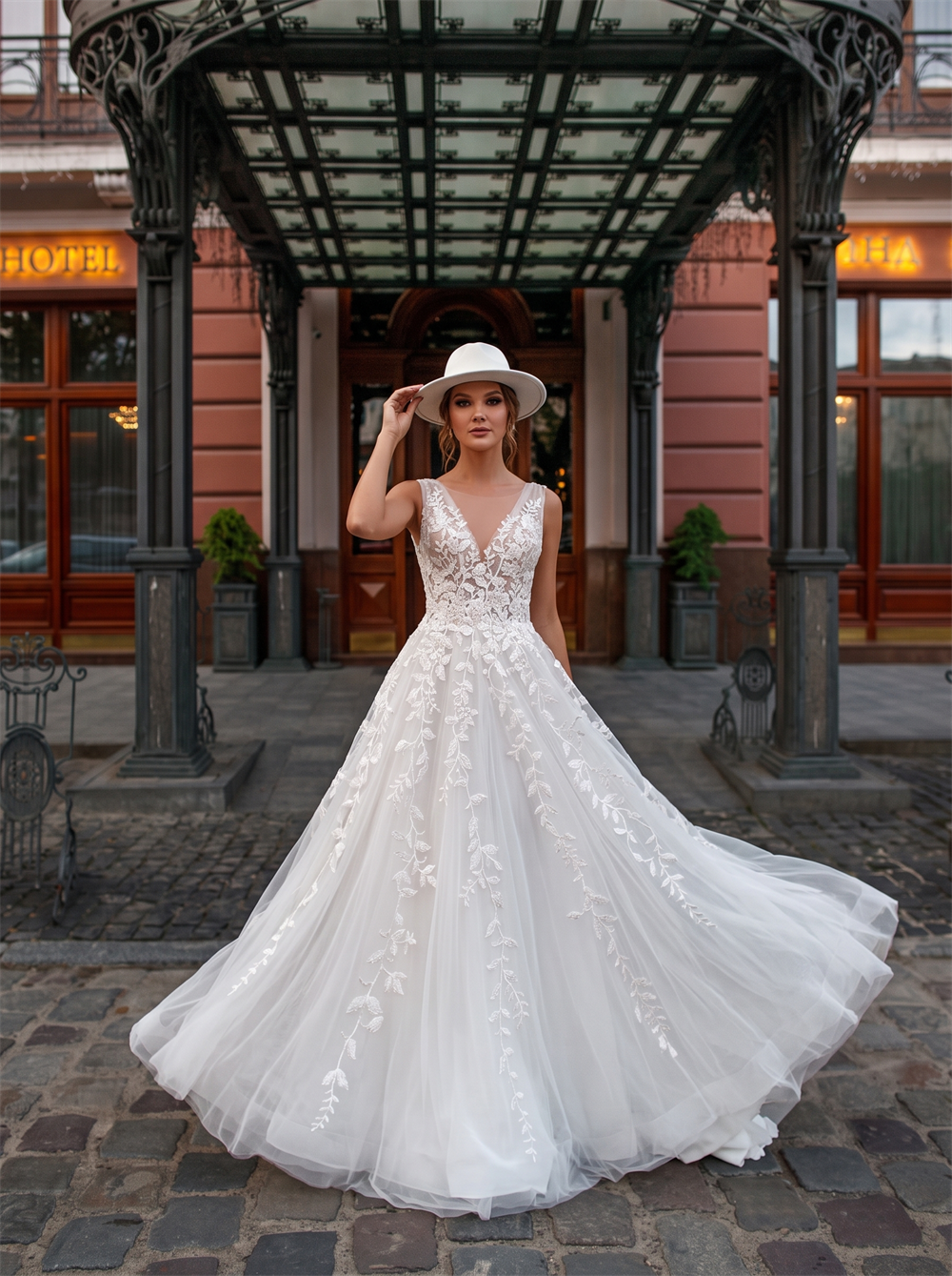 Sleeveless V Neck Leaf Floral Lace Tulle A Line Wedding Dress Deep V Low Back Outdoor Bridal Gown