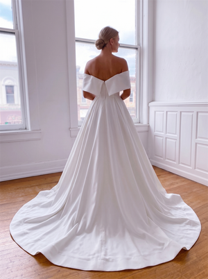 Off Shoulder Fold Over Satin Wedding Dress Low Open Back Plain Ball Gown Bridal Gown