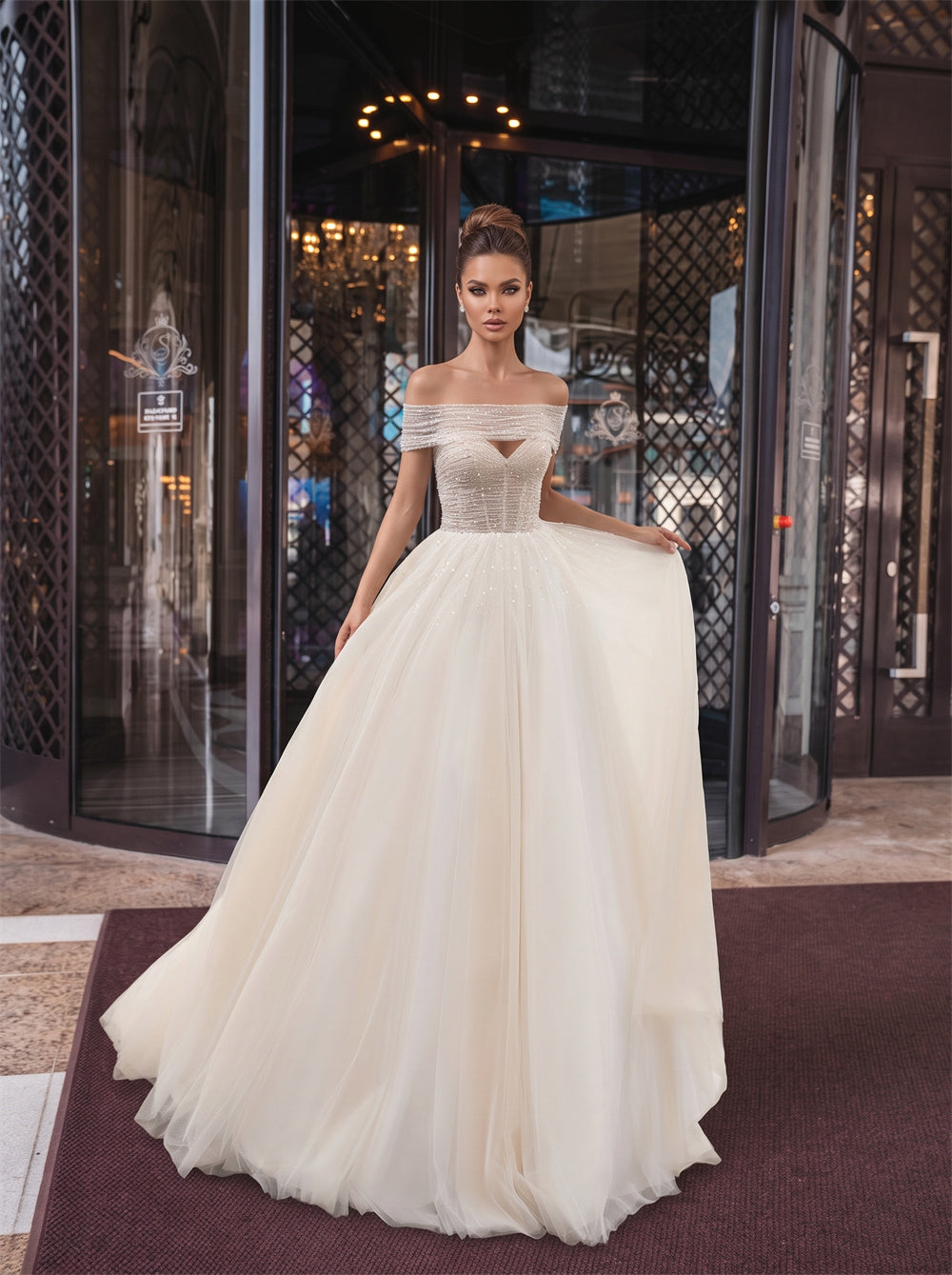 Off Shoulder Beaded Corset Pearl Button Glitter Tulle A Line Wedding Dress Bridal Dress