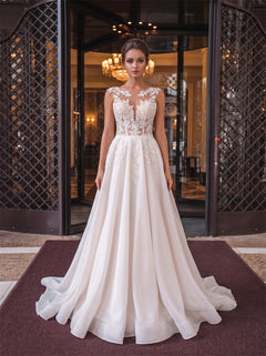 Sleeveless Illusion Lace Satin Chiffon Wedding Dress V Neck Sheer Back Button A Line Bridal Dress