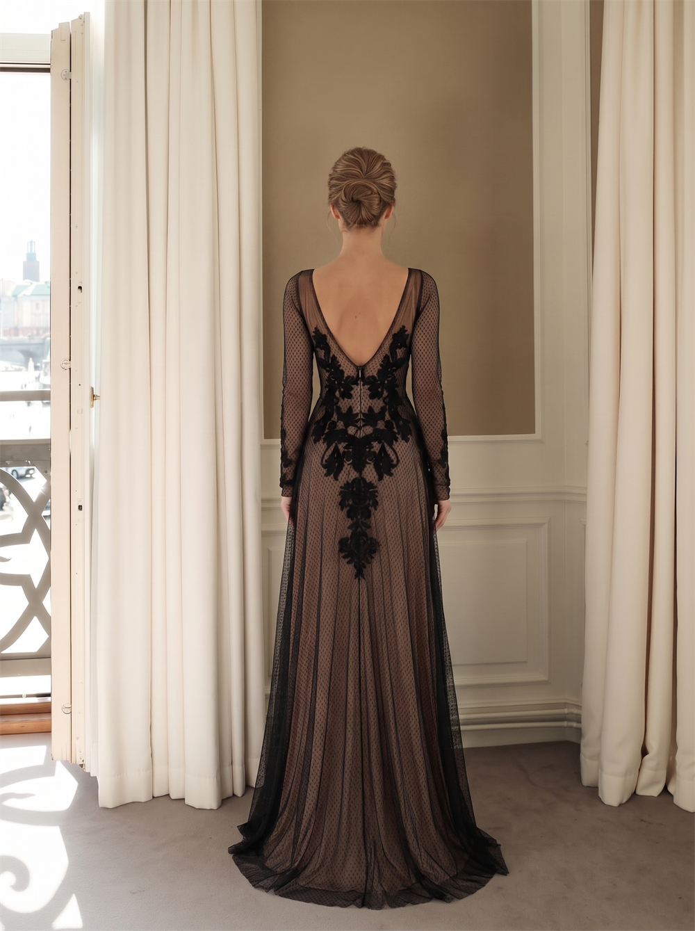 Long Sleeve Deep V Black Floral Lace Dot Tulle Evening Gown Low V Back Nude Lining Floor Length Formal Prom Dress