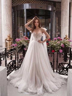 Spaghetti Strap Beaded Corset Detachable Tulle Cape Zipper Back Tulle A Line Wedding Dress Bridal Dress
