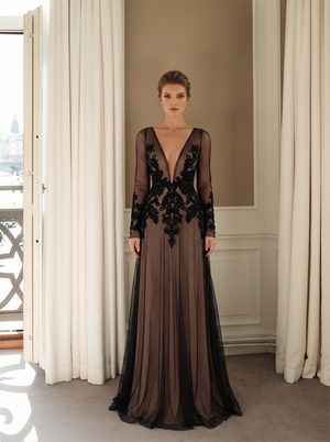 Long Sleeve Deep V Black Floral Lace Dot Tulle Evening Gown Low V Back Nude Lining Floor Length Formal Prom Dress