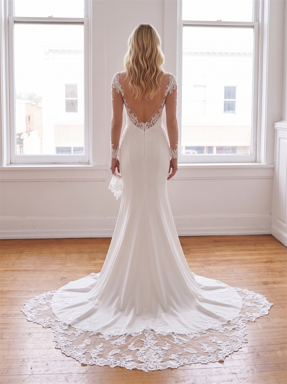 Long Sleeve Illusion Lace Mermaid Wedding Dress Sweetheart V Low Back Scalloped Lace Fit And Flare Bridal Gown