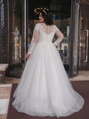 Plus Size Long Sleeve Lace Tulle Wedding Dress Illusion Neck Corset Back Sparkle A Line Modest Bridal Gown