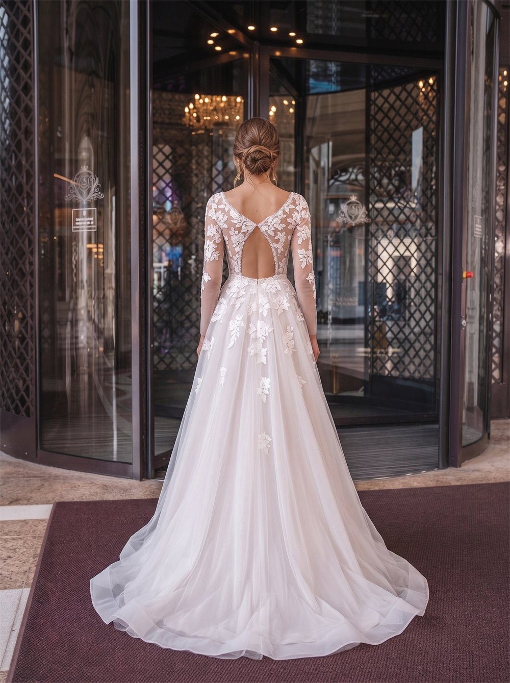 V Neck Long Sleeve Floral Lace Cutout Back Zipper Tulle A Line Wedding Dress Bridal Dress
