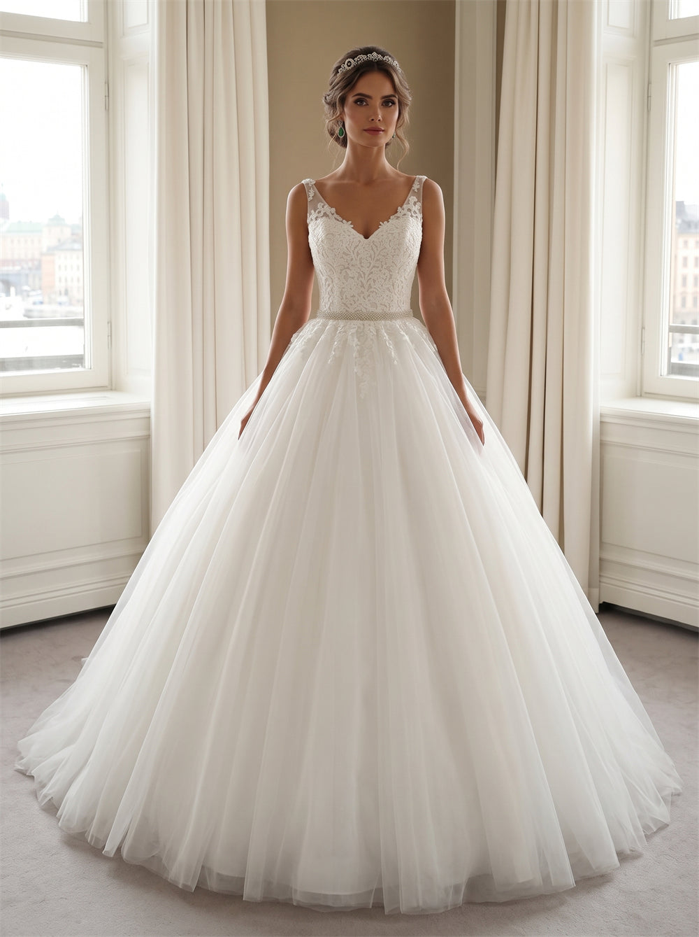 Wedding Dress Vintage Floral Lace Bodice Voluminous Tulle Princess Ball Gown With Detachable Back Bow