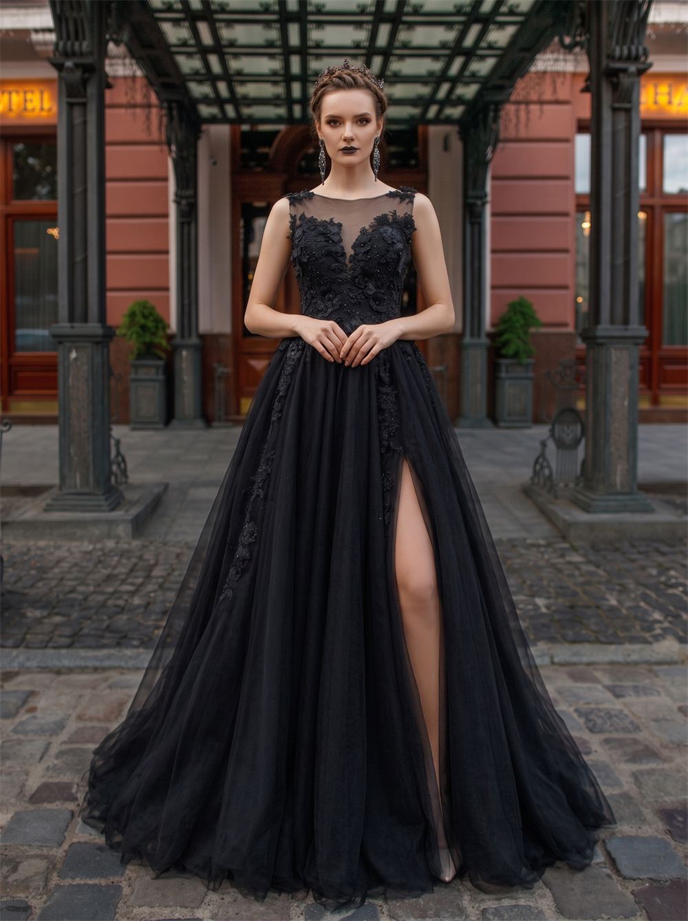 Sleeveless Illusion Neck Black Lace Tulle Wedding Dress High Thigh Slit Sheer V Back Gothic Bridal Gown