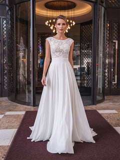 Jewel Neck Cap Sleeve Deep V Back Floral Lace Chiffon A Line Wedding Dress Bridal Dress