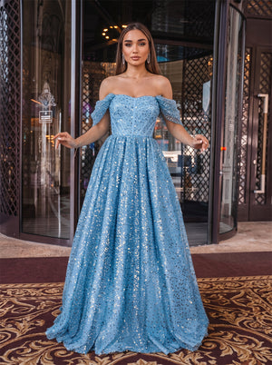 Off-The-Shoulder Sky Blue Full Sequin Boned Back Zip A Line Sparkly Formal Evening Dress
