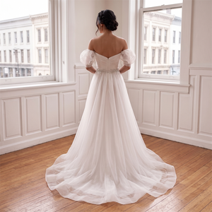 Off The Shoulder Puff Short Sleeve Tulle A Line Wedding Dress Detachable Crystal Leaf Beaded Waist Sash Low V BackBridal Gown