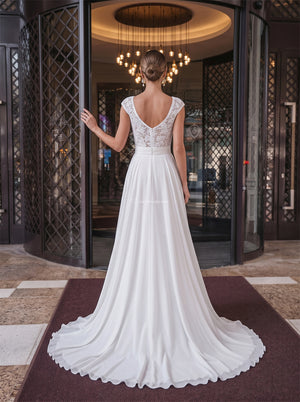 Jewel Neck Cap Sleeve Deep V Back Floral Lace Chiffon A Line Wedding Dress Bridal Dress