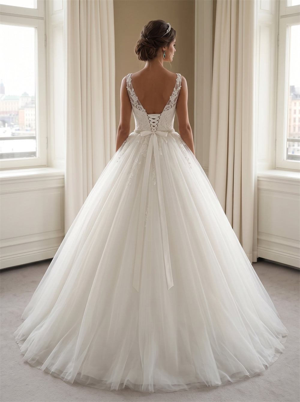 Wedding Dress Vintage Floral Lace Bodice Voluminous Tulle Princess Ball Gown With Detachable Back Bow