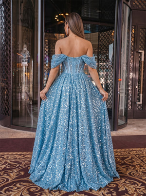 Off-The-Shoulder Sky Blue Full Sequin Boned Back Zip A Line Sparkly Formal Evening Dress