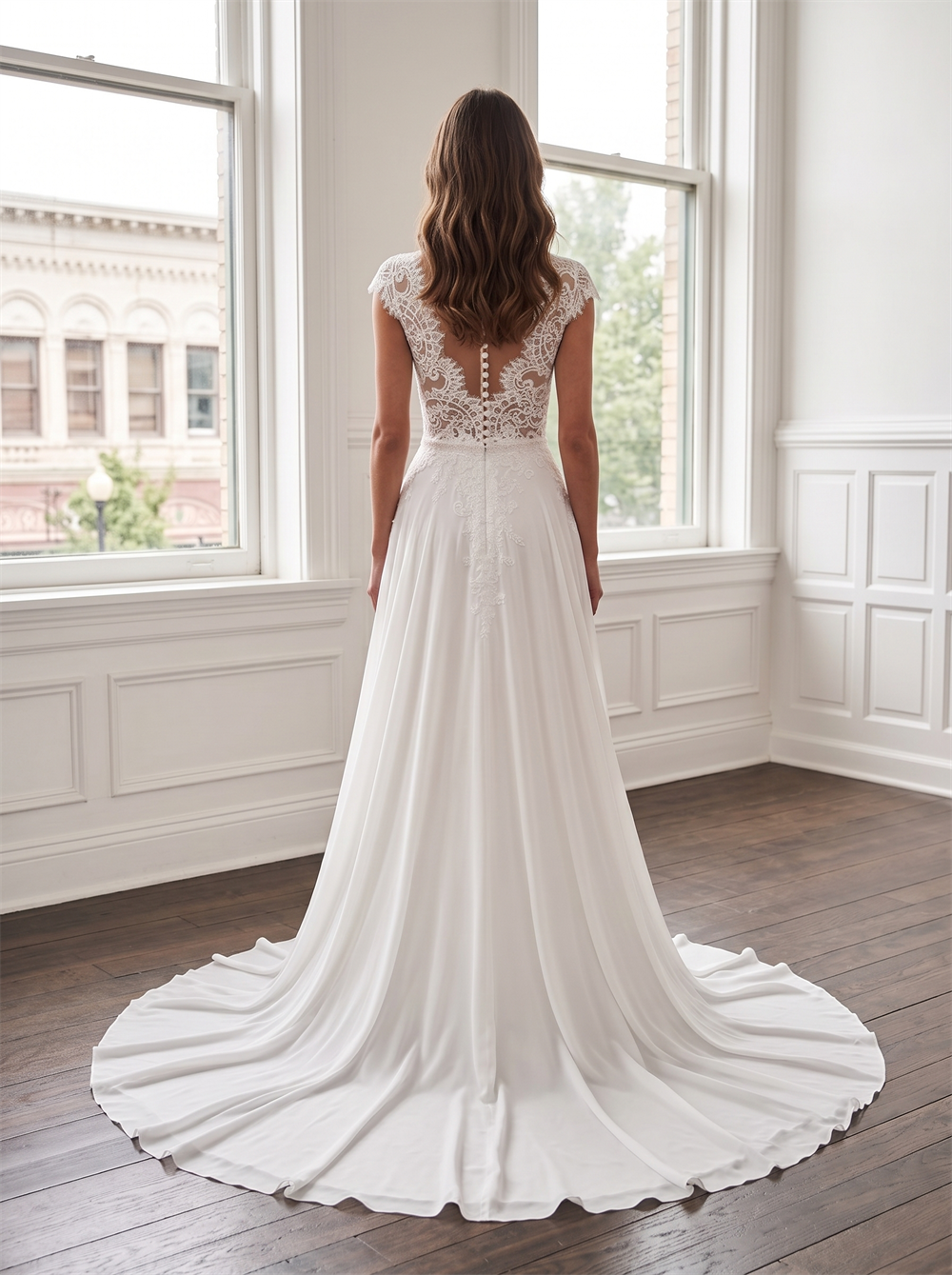 Cap Sleeve Illusion Lace Chiffon Wedding Dress Plunge V Neck Low Back Pearl Buttons High Side Slit Bridal Gown