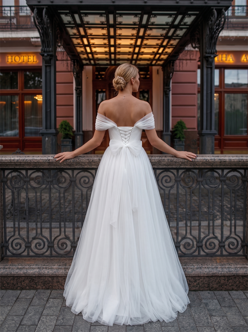 Off The Shoulder Pleated Tulle A Line Wedding Dress Crisscross Corset Back Bridal Gown
