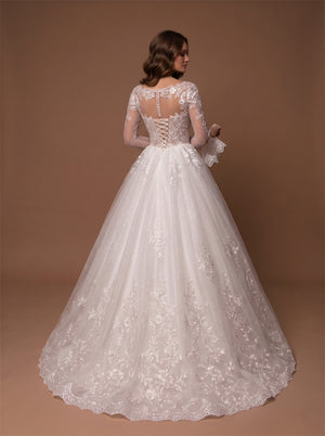 Long Sleeve Illusion Boat Neck Glitter Tulle Wedding Dress Floral Lace Corset Back Pearl Button Ball Gown Bridal Dress