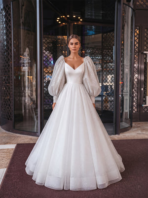 Detachable Glitter Puff Sleeve White Wedding Dress V Neck Bodice Sparkle Tulle A Line Corset Back Formal Bridal Gown