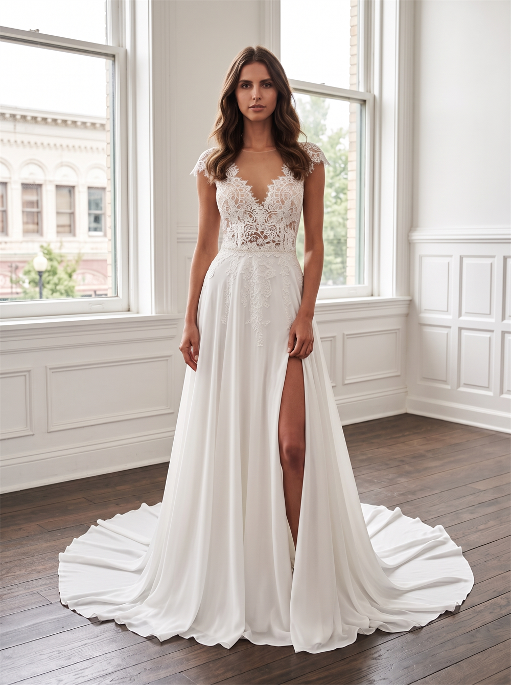Cap Sleeve Illusion Lace Chiffon Wedding Dress Plunge V Neck Low Back Pearl Buttons High Side Slit Bridal Gown