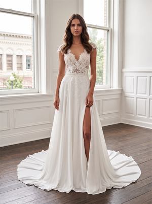 Cap Sleeve Illusion Lace Chiffon Wedding Dress Plunge V Neck Low Back Pearl Buttons High Side Slit Bridal Gown