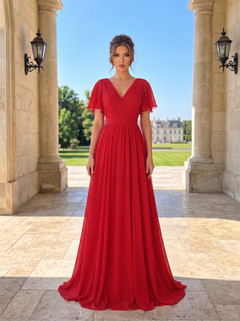 Short Flutter Sleeve Double V Neck Pleated Chiffon Bridesmaid Dress Empire Waist Back Bright Red Formal Wedding Guest Evening Gown