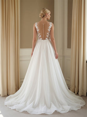 Wedding Dress Airy Organza A Line Wedding Dress With Floral Lace Illusion Bodice & Pearl Button Back