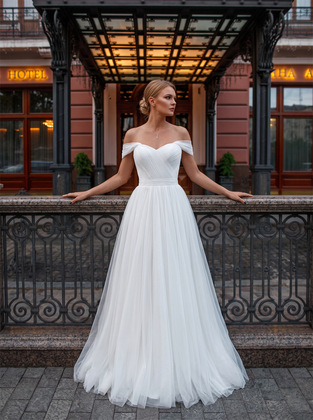 Off The Shoulder Pleated Tulle A Line Wedding Dress Crisscross Corset Back Bridal Gown