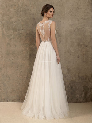 Illusion Scoop Neck Sleeveless Floral Lace Deep V Back Glitter Tulle A Line Wedding Dress Bridal Dress