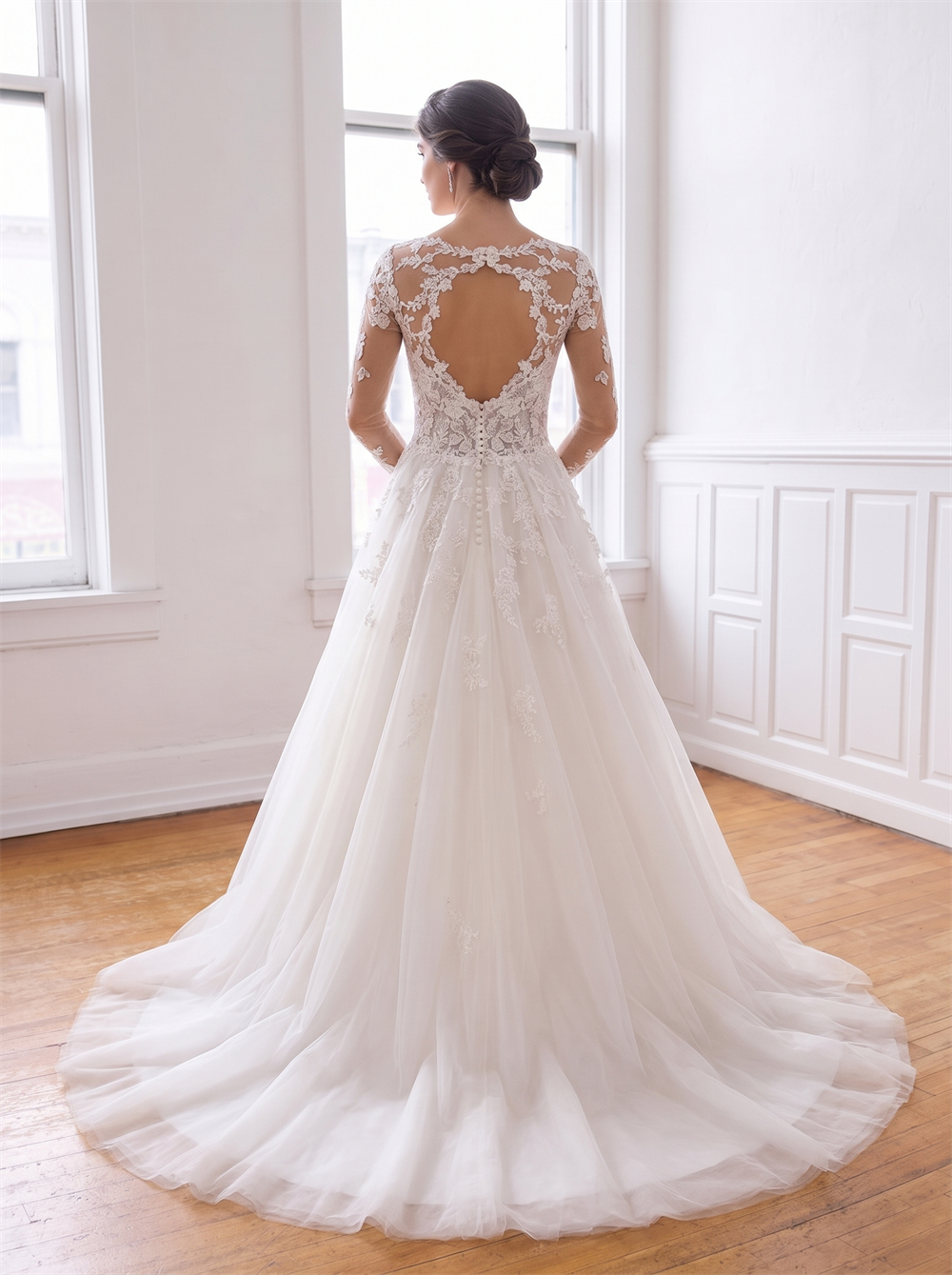 Long Sleeve Floral Lace Tulle Wedding Dress Illusion Plunge Neck Heart Cutout Back Bridal Gown