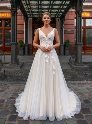 Spaghetti Strap V Neck 3D Floral Lace Tulle A Line Wedding Dress Deep V Low Back Bridal Gown