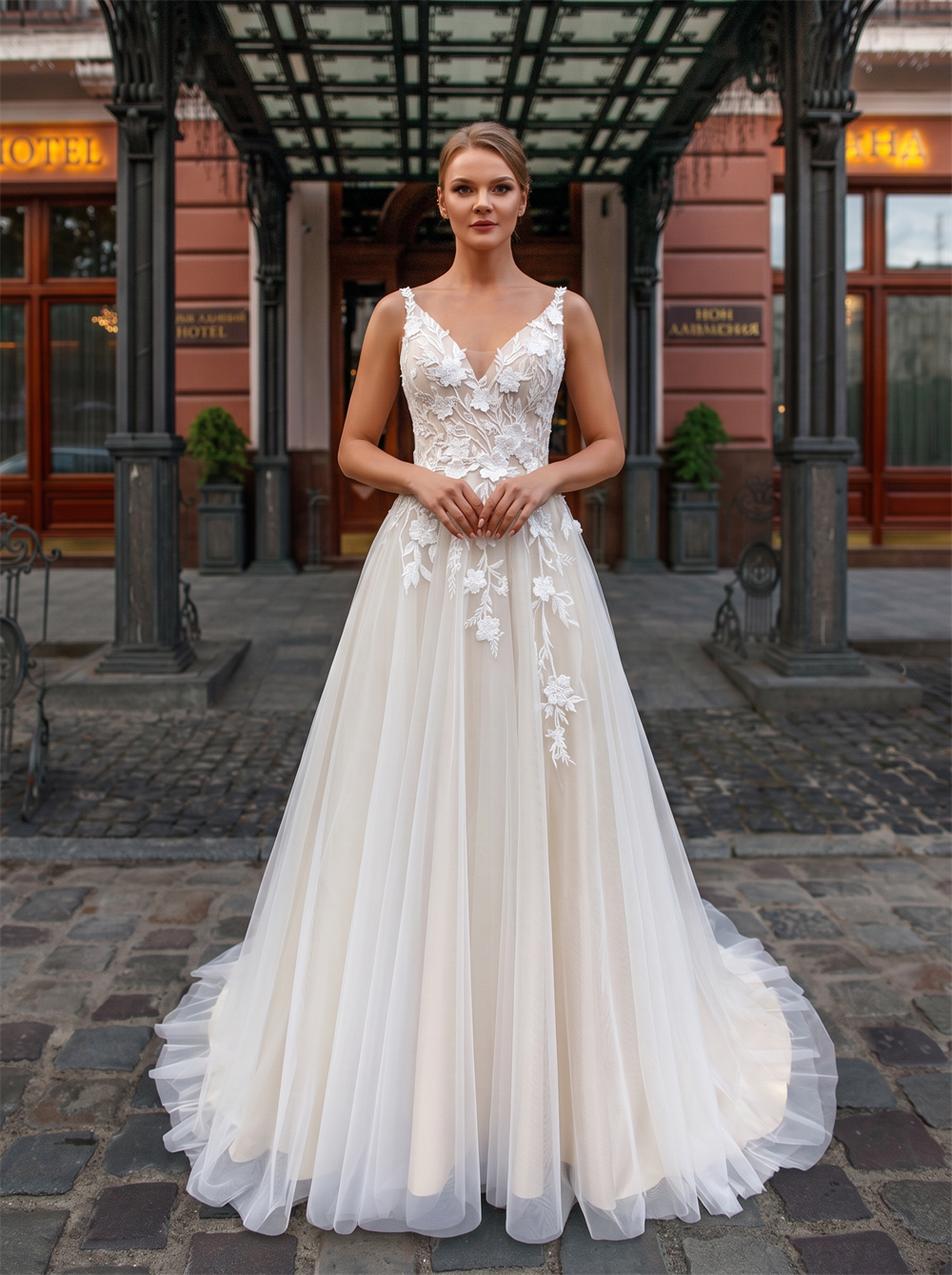 Spaghetti Strap V Neck 3D Floral Lace Tulle A Line Wedding Dress Deep V Low Back Bridal Gown