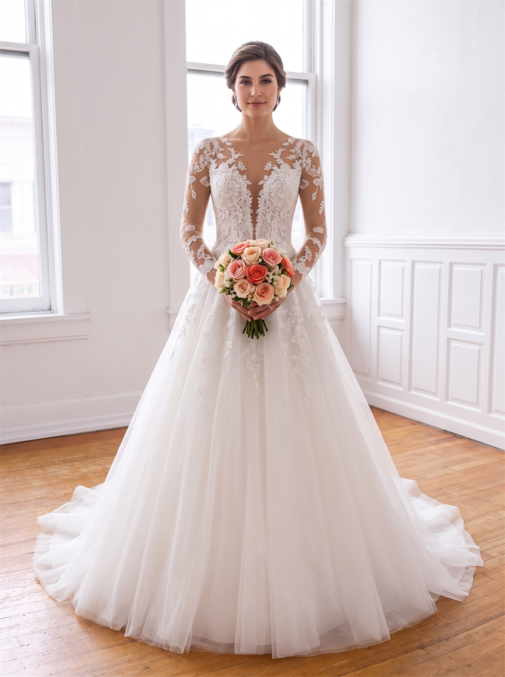 Long Sleeve Floral Lace Tulle Wedding Dress Illusion Plunge Neck Heart Cutout Back Bridal Gown
