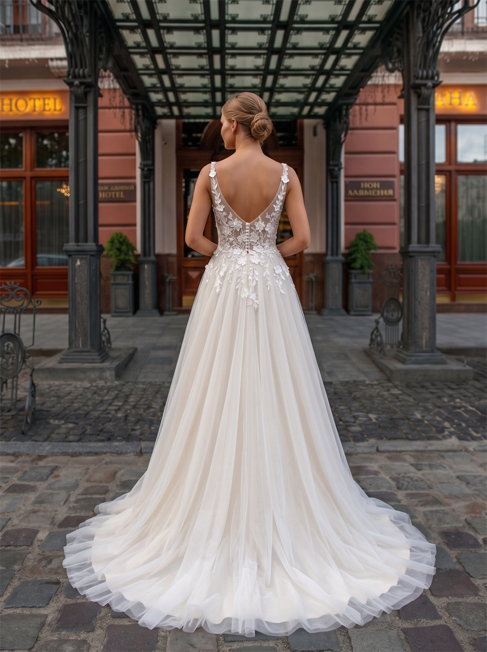 Spaghetti Strap V Neck 3D Floral Lace Tulle A Line Wedding Dress Deep V Low Back Bridal Gown