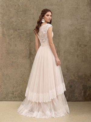 V Neck Cap Sleeve Pearl Button Tiered Lace Tulle A Line Wedding Dress Bridal Dress