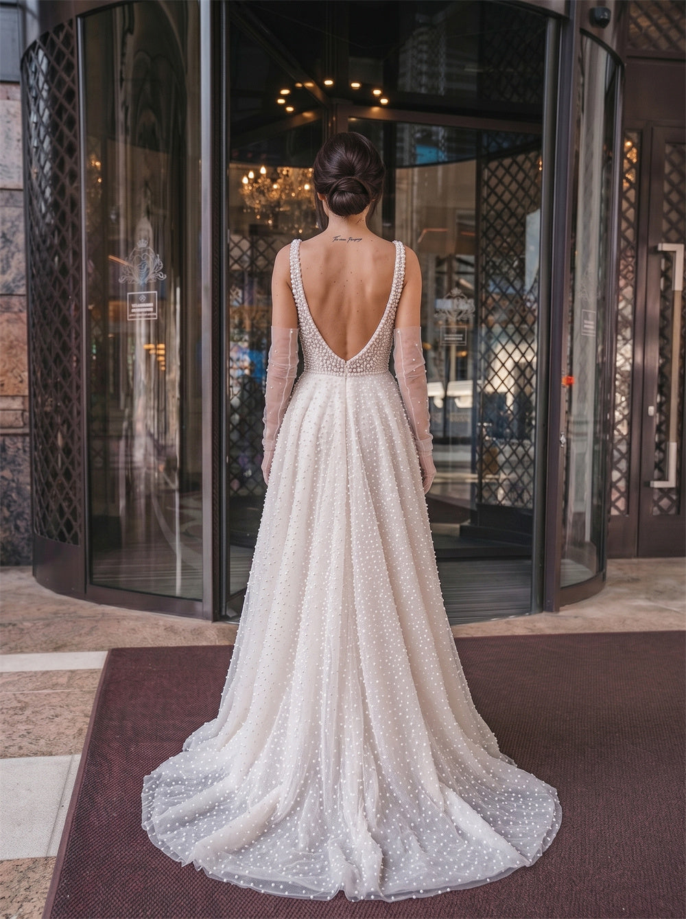 Spaghetti Strap Full Pearl Beaded Deep V Back Zipper Tulle A Line Wedding Dress Bridal Dress