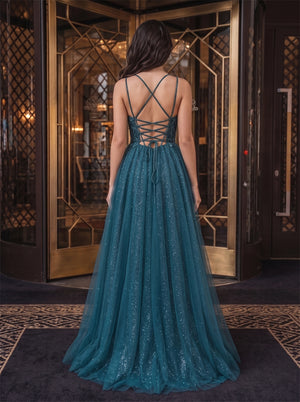 Thin Strap Teal Sparkle Tulle Evening Dress Beaded Bodice Crisscross Lace Up Back High Slit A Line Formal Gown