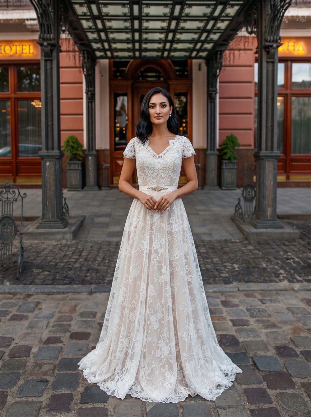 Cap Sleeve Floral Lace A Line Wedding Dress Beaded Waist Belt Long Puff Sleeve Tiered Lace Skirt Bridal Gown