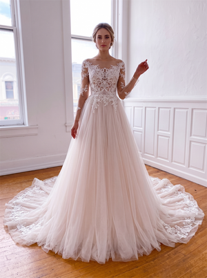 Boat Neck Long Lace Sleeve Tulle Wedding Dress Detachable Back Bow Lace Trim Ball Gown