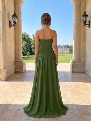 Strapless Ruched Bodice Chiffon Bridesmaid Dress High Thigh Slit Hidden Back Zipper Floor Length Olive Green Formal Wedding Guest Evening Gown