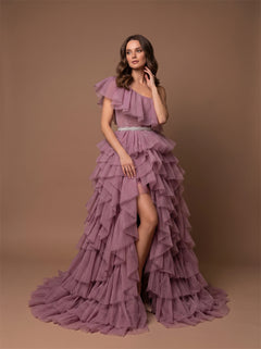 One Shoulder Ruffle Dusty Mauve Tulle High Slit Tiered Long Train Prom Homecoming Dress Rhinestone Waist Formal Gown